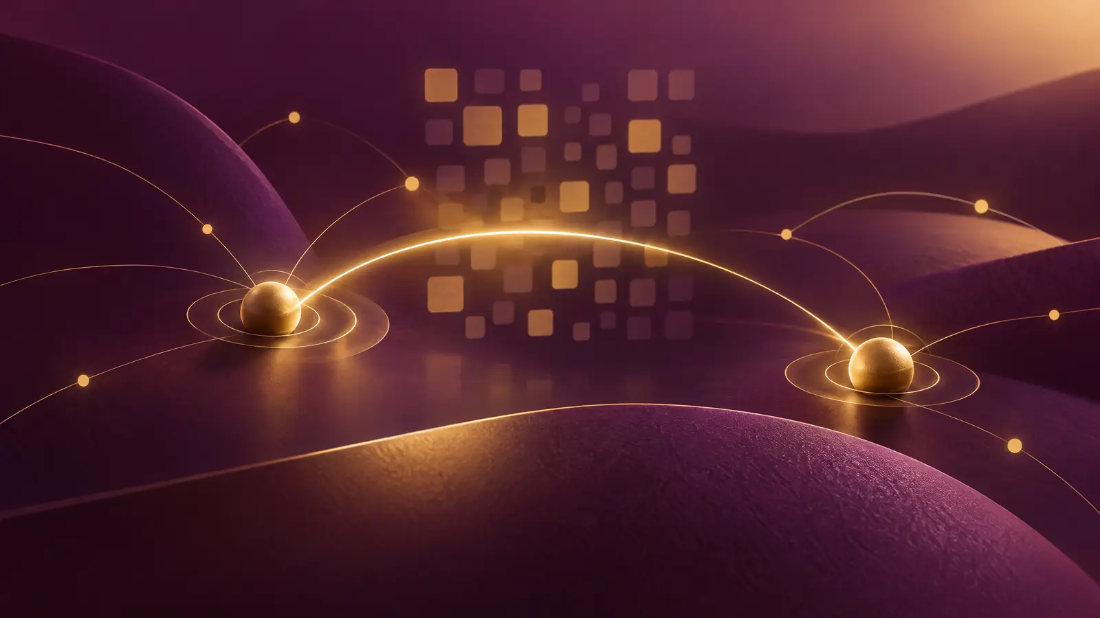 Ilustração abstrata: pontos dourados ligados por um arco de luz sobre uma grade de quadrados, em fundo ameixa