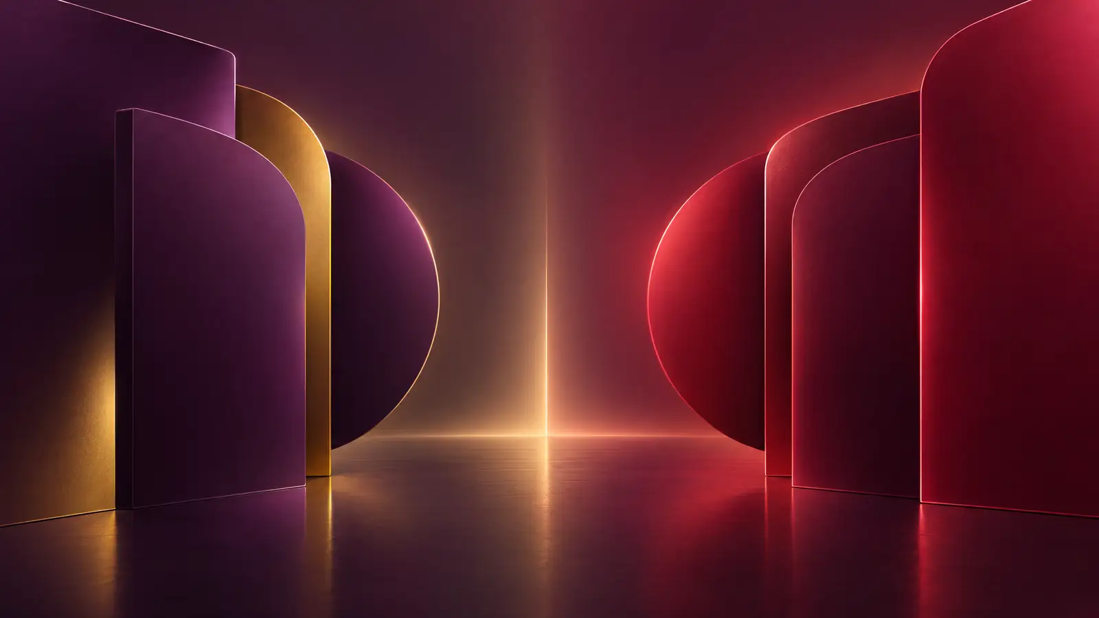 Ilustração abstrata: dois grupos de painéis frente a frente, um com luz dourada e outro carmim, separados por uma faixa de luz