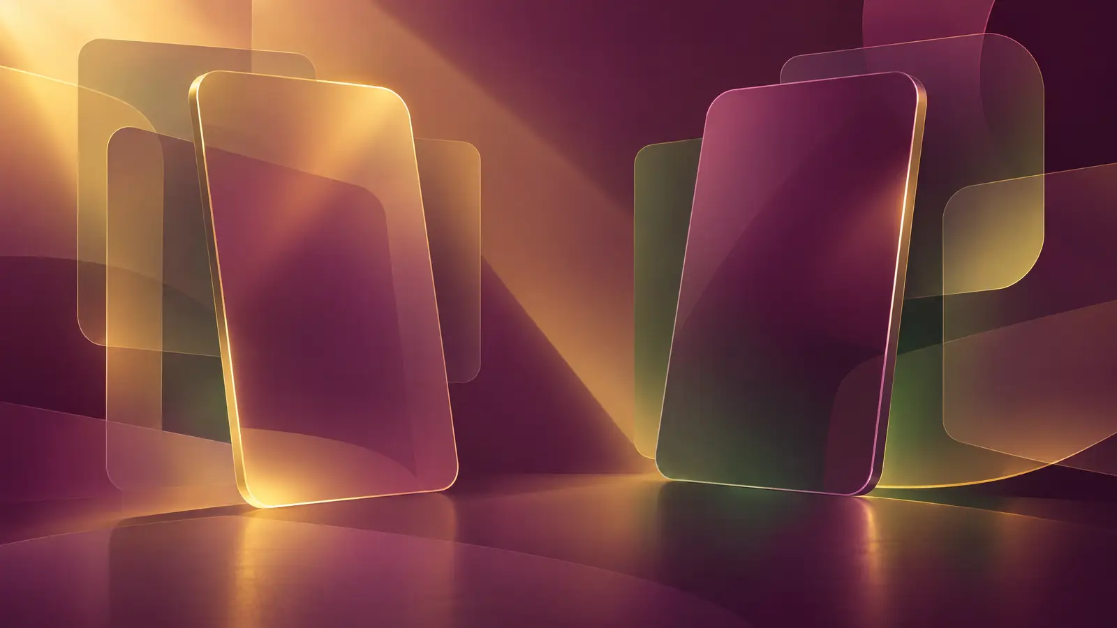 Ilustração abstrata: painéis translúcidos arredondados sob luz quente, com reflexos verdes e dourados em fundo ameixa