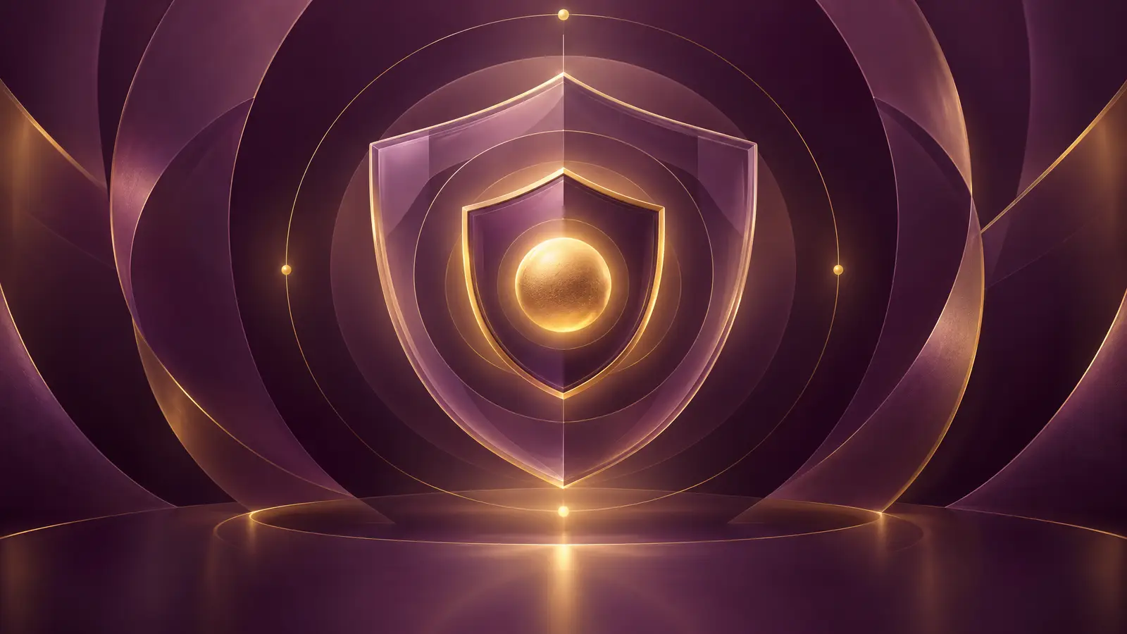 Ilustração abstrata: escudo translúcido dourado no centro de anéis concêntricos, em tons de ameixa